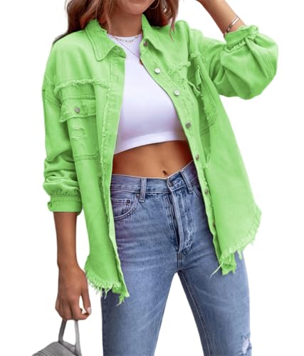 ORANDESIGNE Jeansjacke Damen Langarm Jeanshemd Damen Übergangsjacke Oversize Jeans Jacken Vintage Jeansbluse Ripped Denim Jacken A Hellgrün L von ORANDESIGNE
