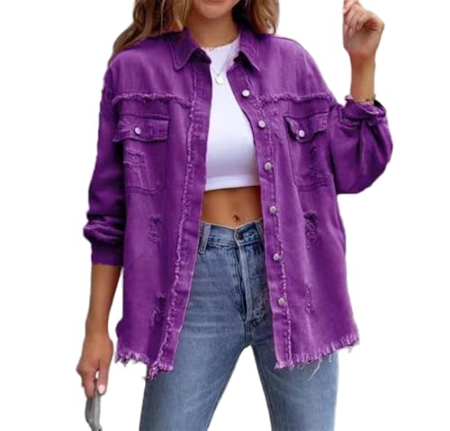 ORANDESIGNE Jeansjacke Damen Langarm Jeanshemd Damen Übergangsjacke Oversize Jeans Jacken Vintage Jeansbluse Ripped Denim Jacken A Violett M von ORANDESIGNE