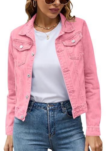 ORANDESIGNE Jeansjacken Damen Denim Jacket Jean Stretchy Langarm Trucker Jacke mit Tasche Kurze Jacke Mantel Outwear mit Knöpfen Winter Herbst Jacke mit Tasche A Rosa XXL von ORANDESIGNE