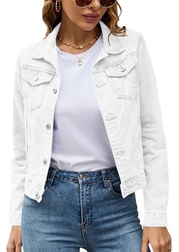 ORANDESIGNE Jeansjacken Damen Denim Jacket Jean Stretchy Langarm Trucker Jacke mit Tasche Kurze Jacke Mantel Outwear mit Knöpfen Winter Herbst Jacke mit Tasche A Weiß XXL von ORANDESIGNE