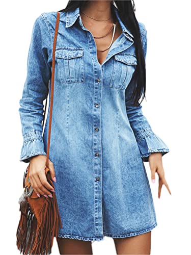 ORANDESIGNE Jeanskleid Damen Sommer Denim Kleid Lässiger Kurzer Rock Mode Blusenkleid Sommerkleid Kurzarm Hemdkleid Denimkleid Freizeitkleid Reverskragen mit Knöpfen A Blau L von ORANDESIGNE