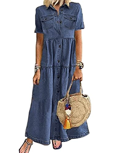 ORANDESIGNE Jeanskleid Damen Sommer Lang Denimkleider V-Ausschnitt Kurzarm Blusenkleider Maxikleid Einfarbig Freizeitkleider mit Taschen Strandkleid Swing Kleid Blusenkleider A Navy Blau XS von ORANDESIGNE