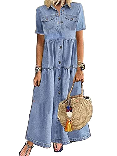 ORANDESIGNE Jeanskleid Damen Sommer Lang Denimkleider V-Ausschnitt Kurzarm Blusenkleider Maxikleid Einfarbig Freizeitkleider mit Taschen Strandkleid Swing Kleid Blusenkleider A Hellblau S von ORANDESIGNE