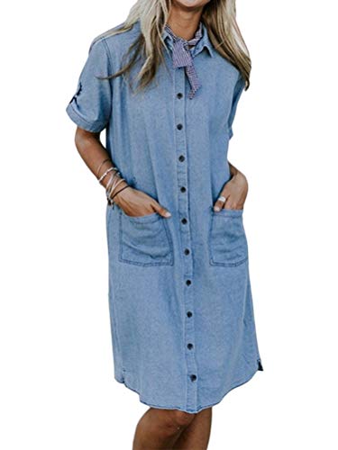 ORANDESIGNE Jeanskleid Sommerkleid Damen Jeans Kleider V-Ausschnitt Kurzarm Partykleid Tunika Hemd Blusenkleid Knielang Kleid Denimkleid A Blau XL von ORANDESIGNE