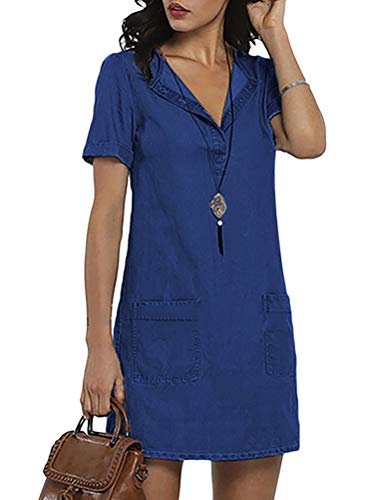 ORANDESIGNE Jeanskleid Sommerkleid Damen Jeans Kleider V-Ausschnitt Kurzarm Strandkleider Einfarbig A-Linie Kleid Boho Knielang Kleid Denimkleid B Dunkelblau XL ORANDESIGNE Jeanskleid Sommerkleid Damen Jeans Kleider V-Ausschnitt Kurzarm Strandkleider Einfarbig A-Linie Kleid Boho Knielang Kleid Denimkleid B Dunkelblau XL von ORANDESIGNE