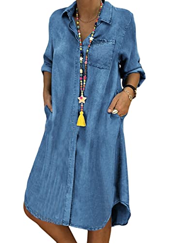 ORANDESIGNE Jeanskleid Sommerkleid Damen Jeans Kleider V-Ausschnitt Kurzarm Strandkleider Einfarbig A-Linie Kleid Boho Knielang Kleid Denimkleid G Blau L von ORANDESIGNE