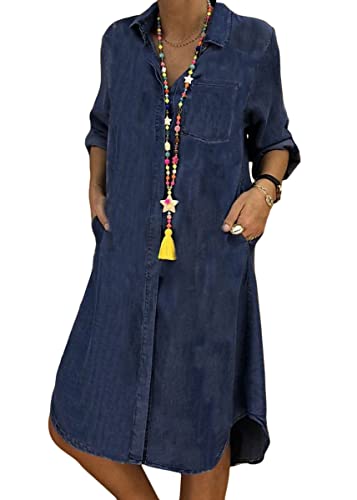 ORANDESIGNE Jeanskleid Sommerkleid Damen Jeans Kleider V-Ausschnitt Kurzarm Strandkleider Einfarbig A-Linie Kleid Boho Knielang Kleid Denimkleid G Marine S von ORANDESIGNE