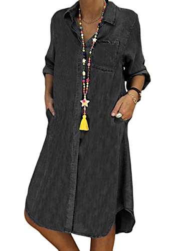 ORANDESIGNE Jeanskleid Sommerkleid Damen Jeans Kleider V-Ausschnitt Kurzarm Strandkleider Einfarbig A-Linie Kleid Boho Knielang Kleid Denimkleid G Schwarz 3XL von ORANDESIGNE