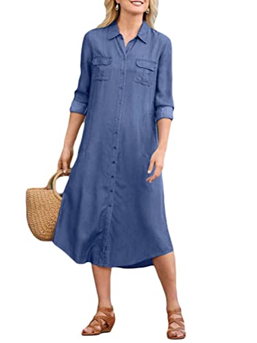 ORANDESIGNE Jeanskleid Sommerkleid Damen Jeans Kleider V-Ausschnitt Kurzarm Strandkleider Einfarbig A-Linie Kleid Boho Knielang Kleid Denimkleid J Blau XXL von ORANDESIGNE