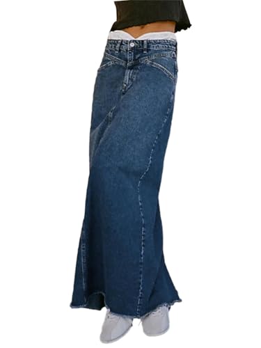 ORANDESIGNE Jeansrock Damen Lang Vintage-Stil Jeans Maxirock Bleistift Midiröcke Eleganter Hohe Taille A-Linie Rock mit Taschen A Blau L von ORANDESIGNE