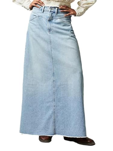 ORANDESIGNE Jeansrock Damen Lang Vintage-Stil Jeans Maxirock Bleistift Midiröcke Eleganter Hohe Taille A-Linie Rock mit Taschen A Hellblau M von ORANDESIGNE