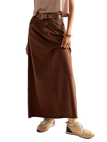 ORANDESIGNE Jeansrock Damen Lang Vintage-Stil Jeans Maxirock Bleistift Midiröcke Eleganter Hohe Taille A-Linie Rock mit Taschen A Kaffee L von ORANDESIGNE