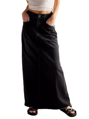 ORANDESIGNE Jeansrock Damen Lang Vintage-Stil Jeans Maxirock Bleistift Midiröcke Eleganter Hohe Taille A-Linie Rock mit Taschen A Schwarz L von ORANDESIGNE