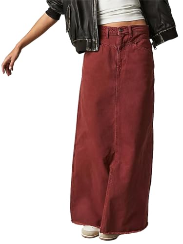 ORANDESIGNE Jeansrock Damen Lang Vintage-Stil Jeans Maxirock Bleistift Midiröcke Eleganter Hohe Taille A-Linie Rock mit Taschen A Weinrot XL ORANDESIGNE Jeansrock Damen Lang Vintage-Stil Jeans Maxirock Bleistift Midiröcke Eleganter Hohe Taille A-Linie Rock mit Taschen A Weinrot XL von ORANDESIGNE
