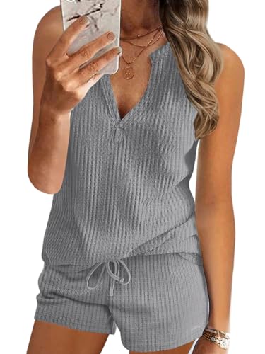 ORANDESIGNE Jogginganzug Damen Set Sommer Tank Top Und Shorts Hausanzug Pyjama Lässige Trainingsanzug Loungewear 2 Teiler Casual Outfit Workout Sport Anzug Kleidung A Grau XS von ORANDESIGNE