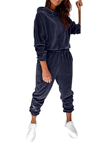 ORANDESIGNE Jogginganzug Damen Set Winter Kapuzenpullover und Jogginghose 2 Stück Hausanzug Samt Schlafanzug Warm Pyjama Hosenanzug Elegant Chic Comfy Lässiges Outfit Loungewear Dunkelblau L von ORANDESIGNE