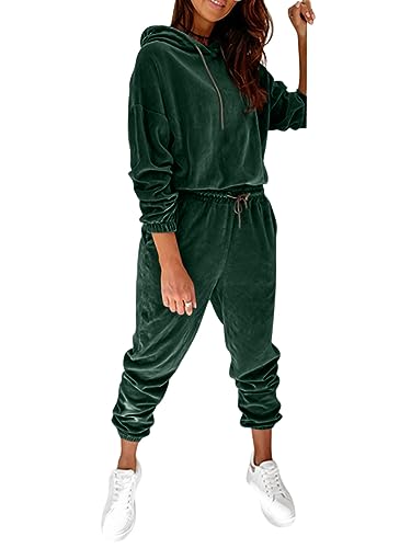 ORANDESIGNE Jogginganzug Damen Set Winter Kapuzenpullover und Jogginghose 2 Stück Hausanzug Samt Schlafanzug Warm Pyjama Hosenanzug Elegant Chic Comfy Lässiges Outfit Loungewear Grün M von ORANDESIGNE