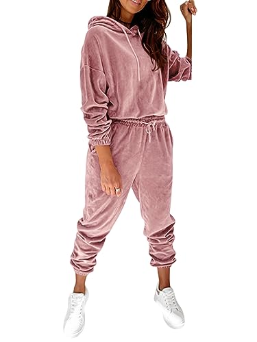 ORANDESIGNE Jogginganzug Damen Set Winter Kapuzenpullover und Jogginghose 2 Stück Hausanzug Samt Schlafanzug Warm Pyjama Hosenanzug Elegant Chic Comfy Lässiges Outfit Loungewear Rosa S von ORANDESIGNE