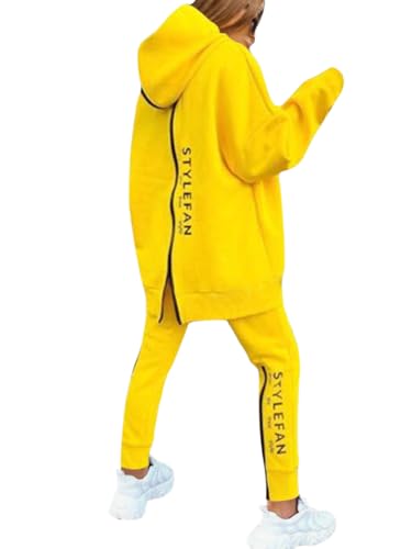 ORANDESIGNE Jogginganzug Damen Set Winter Warm Kapuzenpullover und Hose Sportswear Trainingsanzug Jogger Tracksuit 2 Teiler Sportanzug Hosenanzug Sportlich Chic Lässig Komplett Outfit A Gelb S von ORANDESIGNE