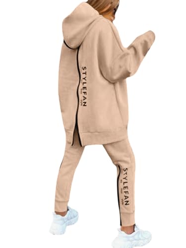 ORANDESIGNE Jogginganzug Damen Set Winter Warm Kapuzenpullover und Hose Sportswear Trainingsanzug Jogger Tracksuit 2 Teiler Sportanzug Hosenanzug Sportlich Chic Lässig Komplett Outfit A Khaki XL von ORANDESIGNE