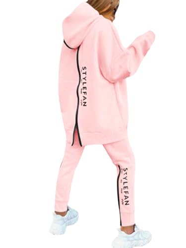 ORANDESIGNE Jogginganzug Damen Set Winter Warm Kapuzenpullover und Hose Sportswear Trainingsanzug Jogger Tracksuit 2 Teiler Sportanzug Hosenanzug Sportlich Chic Lässig Komplett Outfit A Rosa XL von ORANDESIGNE
