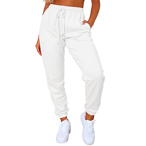 ORANDESIGNE Jogginghose Damen Hosen Lang Sporthosen Loose Fit Elastischer Bund Freizeithosen Hohe Taile Traininghose Sweathose mit Kordelzug Weiß L von ORANDESIGNE