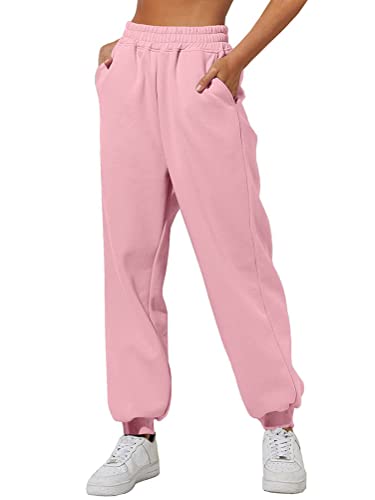 ORANDESIGNE Jogginghose Damen Lang Sporthose Baumwolle Sommer Hose mit Taschen Hohe Taile Trainingshose Basics Sweathose Lang Sweatpants Freizeithose Jogger Laufhosen Trackpants A Hellrosa XXL von ORANDESIGNE