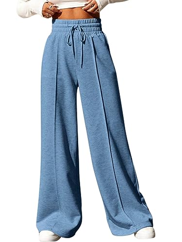 ORANDESIGNE Jogginghose Damen Lang Weites Bein Stoffhose Elegant High Waist Palazzo Hose Flowy Freizeithose Breite Hosen Baggy Sporthose mit Kordelzug Casual Sweatpants Jogger Blau XL von ORANDESIGNE