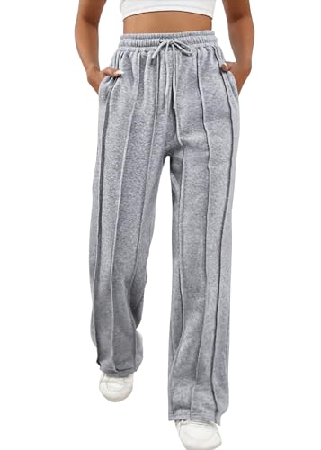 ORANDESIGNE Jogginghose Damen Sportlich Baggy Lang Locker Sporthose Loose Straight Hosen Casual Sweathose Weites Gerades Bein Bequeme Trainingshose Jogger Freizeithose Sweatpants Grau M von ORANDESIGNE