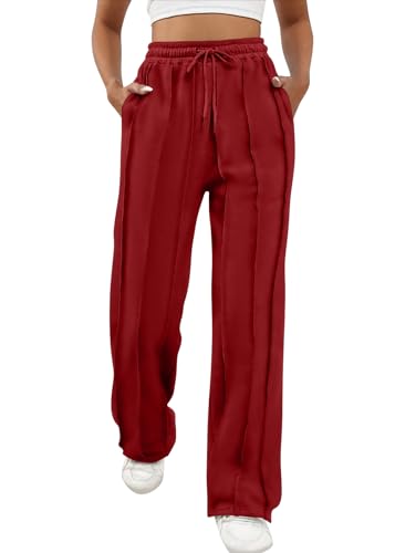 ORANDESIGNE Jogginghose Damen Sportlich Baggy Lang Locker Sporthose Loose Straight Hosen Casual Sweathose Weites Gerades Bein Bequeme Trainingshose Jogger Freizeithose Sweatpants Rot XS von ORANDESIGNE