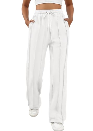 ORANDESIGNE Jogginghose Damen Sportlich Baggy Lang Locker Sporthose Loose Straight Hosen Casual Sweathose Weites Gerades Bein Bequeme Trainingshose Jogger Freizeithose Sweatpants Weiß XS von ORANDESIGNE