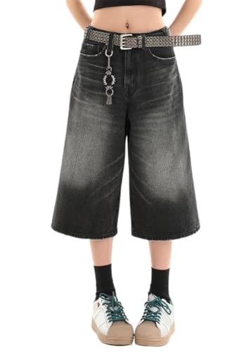 ORANDESIGNE Jorts Baggy Damen Kurze Jeans Unisex Herren Jeans Shorts Y2K Lockere Denim Bermuda-Shorts C Schwarz XS von ORANDESIGNE