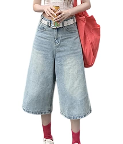 ORANDESIGNE Jorts Damen Kurze Denim Hose Sommer Bermuda Shorts Hohe Taille Loose Fit Casual Harajuku Jeans H Blau XL von ORANDESIGNE