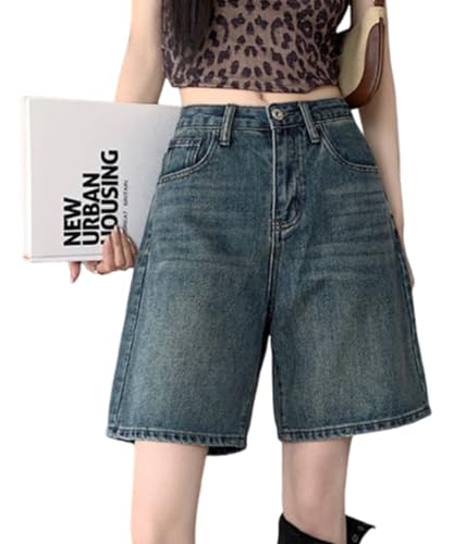 ORANDESIGNE Jorts Damen Kurze Denim Hose Sommer Bermuda Shorts Hohe Taille Loose Fit Casual Harajuku Jeans L Dunkelblau L von ORANDESIGNE
