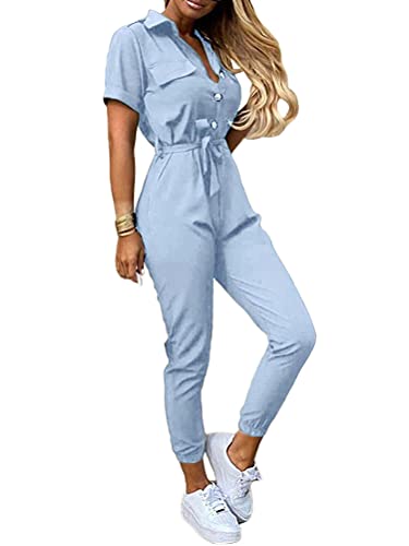 ORANDESIGNE Jumpsuit Damen Einteiler Elegant Kurzarm Playsuit Lang V-Ausschnitt Casual Lose Overalls Lang Romper mit Gürtel Strampler Spielanzug Hosenanzug Sommer A Hellblau M von ORANDESIGNE