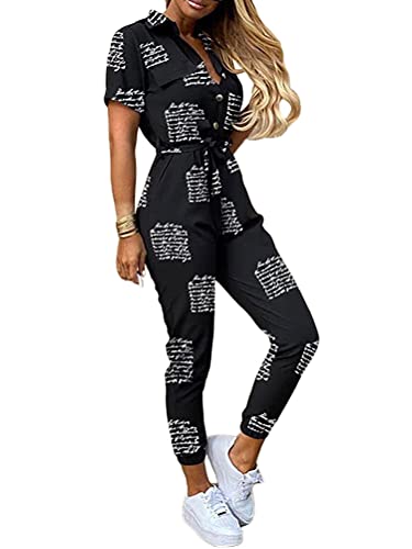 ORANDESIGNE Jumpsuit Damen Einteiler Elegant Kurzarm Playsuit Lang V-Ausschnitt Casual Lose Overalls Lang Romper mit Gürtel Strampler Spielanzug Hosenanzug Sommer B Schwarz XS von ORANDESIGNE