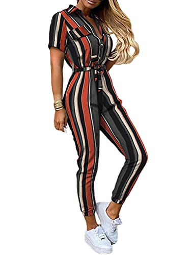 ORANDESIGNE Jumpsuit Damen Einteiler Elegant Kurzarm Playsuit Lang V-Ausschnitt Casual Lose Overalls Lang Romper mit Gürtel Strampler Spielanzug Hosenanzug Sommer B Streifen XL von ORANDESIGNE