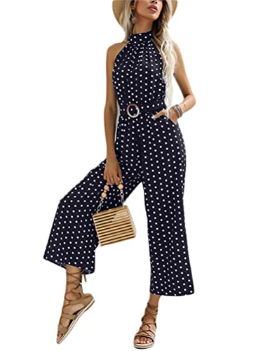 ORANDESIGNE Jumpsuit Damen Elegant Festlich Sommer Neckholder Overall Verkürzte Hose Polka Dots Boho Playsuit Romper Casual Lose Hosenanzug Spielanzug mit Gürtel Dunkelblau S von ORANDESIGNE
