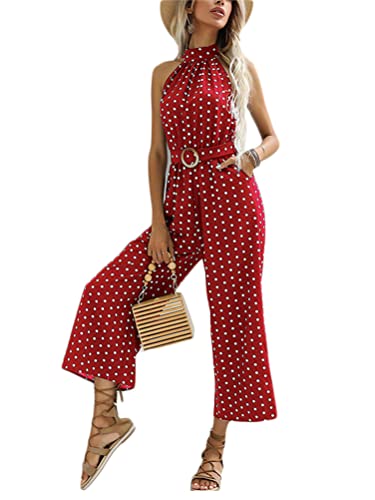 ORANDESIGNE Jumpsuit Damen Elegant Festlich Sommer Neckholder Overall Verkürzte Hose Polka Dots Boho Playsuit Romper Casual Lose Hosenanzug Spielanzug mit Gürtel Rot M von ORANDESIGNE