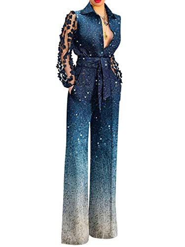 ORANDESIGNE Jumpsuit Damen Elegant Langarm Playsuit V-Ausschnitt Casual Lose Overalls Lang Romper Hosenanzug Frauen Playsuit mit Taschen Romper A Blau, XXL von ORANDESIGNE