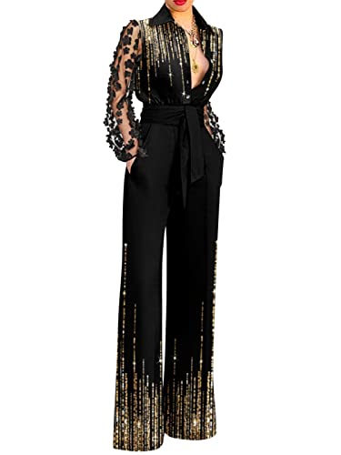 ORANDESIGNE Jumpsuit Damen Elegant Langarm Playsuit V-Ausschnitt Casual Lose Overalls Lang Romper Hosenanzug Frauen Playsuit mit Taschen Romper A Gold, XXL von ORANDESIGNE