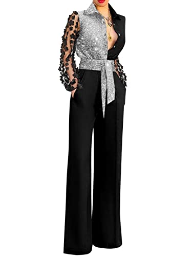 ORANDESIGNE Jumpsuit Damen Elegant Langarm Playsuit V-Ausschnitt Casual Lose Overalls Lang Romper Hosenanzug Frauen Playsuit mit Taschen Romper A Schwarz, XXL von ORANDESIGNE