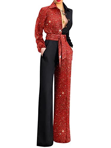 ORANDESIGNE Jumpsuit Damen Elegant Langarm Playsuit V-Ausschnitt Casual Lose Overalls Lang Romper Hosenanzug Frauen Playsuit mit Taschen Romper B Rot XXL von ORANDESIGNE