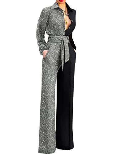 ORANDESIGNE Jumpsuit Damen Elegant Langarm Playsuit V-Ausschnitt Casual Lose Overalls Lang Romper Hosenanzug Frauen Playsuit mit Taschen Romper B Silber M von ORANDESIGNE