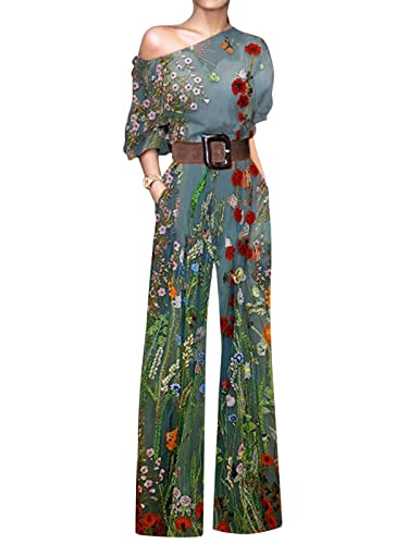 ORANDESIGNE Jumpsuit Damen Elegant Langarm Playsuit V-Ausschnitt Casual Lose Overalls Lang Romper Hosenanzug Frauen Playsuit mit Taschen Romper D Grün, M von ORANDESIGNE