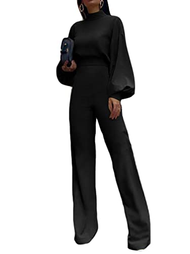 ORANDESIGNE Jumpsuit Damen Elegant Langarm Playsuit halber Rollkragen Casual Lose Overalls Lang Romper Laternenärmel Playsuit Strandkleid Casual Lose Overalls A Schwarz M von ORANDESIGNE