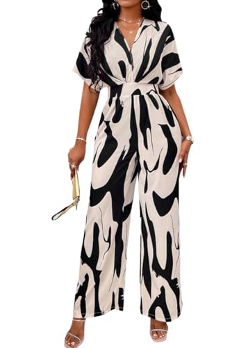 ORANDESIGNE Jumpsuit Damen Elegant Sommer Baggy Lang Hosenanzug V-Ausschnitt Abstrakter Druck Kurzarm Fledermausärmel Breites Hosenbein Overall Weites Bein Romper Urlaub Strand A Beige L von ORANDESIGNE