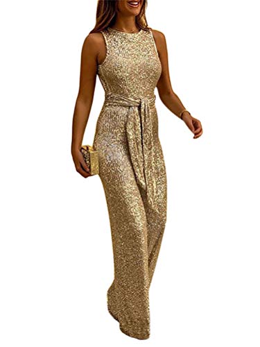 ORANDESIGNE Jumpsuit Damen Glänzend Brillant Einteiler Lang Overall Sommer Hosenanzug Ärmellos Rückenfrei Festival Party Playsuit Romper mit Weiten Beinen (34, Gold) von ORANDESIGNE