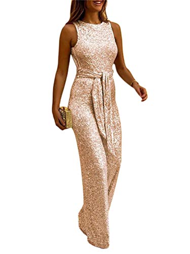 ORANDESIGNE Jumpsuit Damen Glänzend Brillant Einteiler Lang Overall Sommer Hosenanzug Ärmellos Rückenfrei Festival Party Playsuit Romper mit Weiten Beinen Champagner 40 von ORANDESIGNE