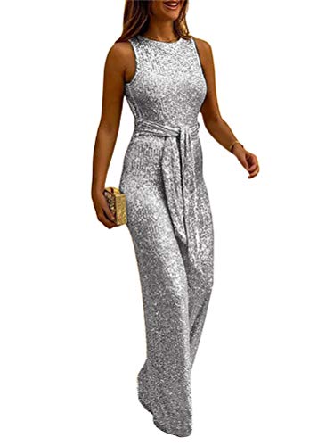 ORANDESIGNE Jumpsuit Damen Glänzend Brillant Einteiler Lang Overall Sommer Hosenanzug Ärmellos Rückenfrei Festival Party Playsuit Romper mit Weiten Beinen Grau 38 von ORANDESIGNE